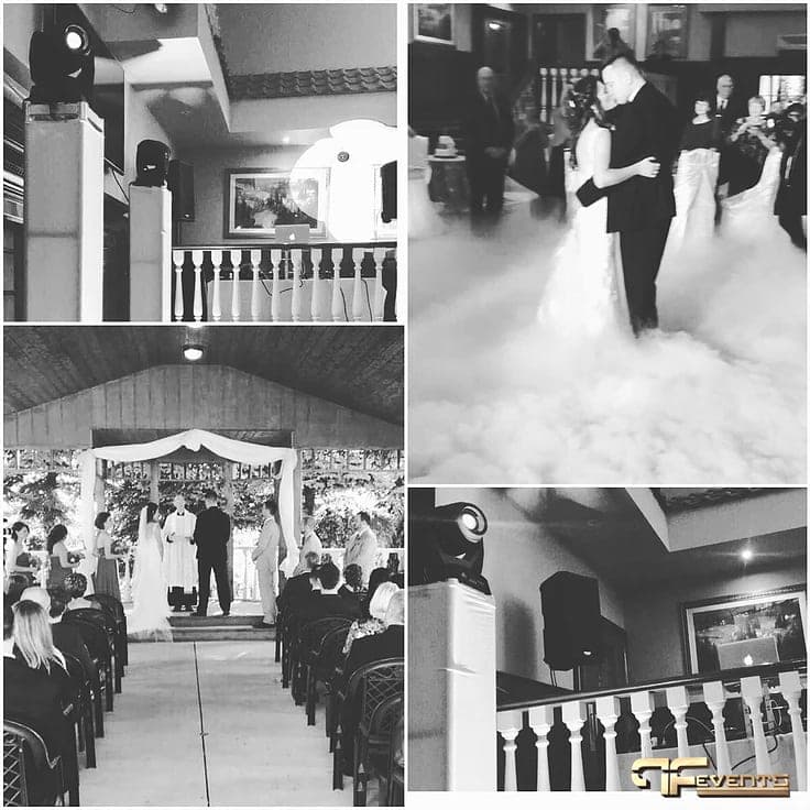 Wedding collage: moving-head totems, garden ceremony and first dance in low fog