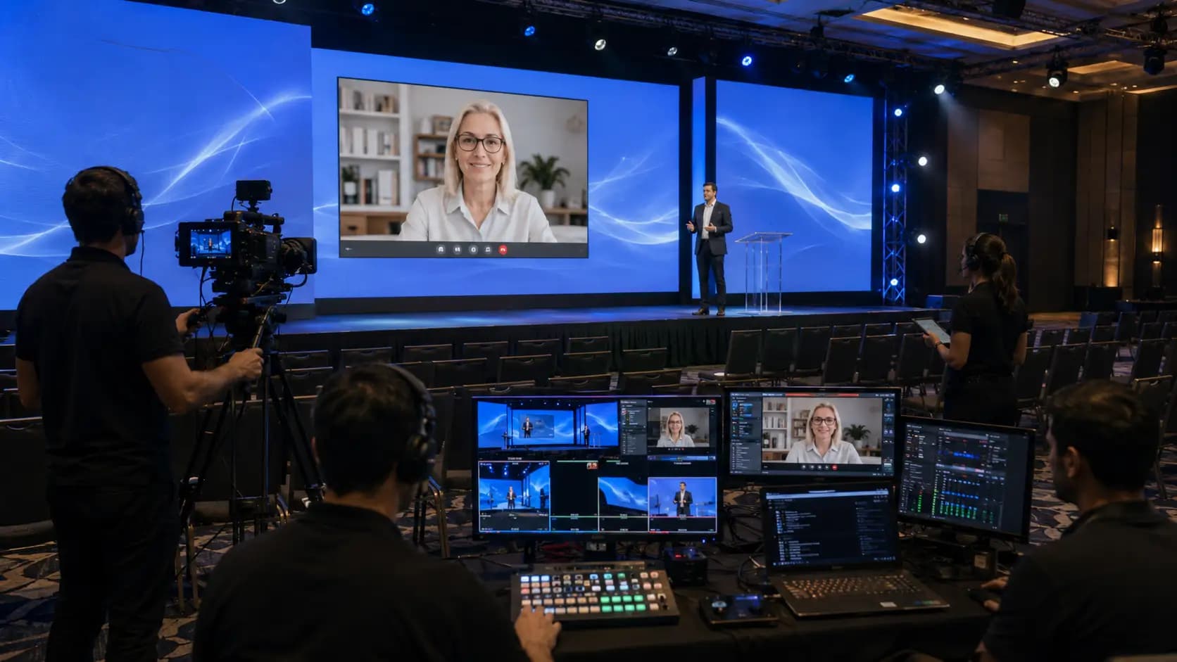 Hybrid event rehearsal with livestream and remote speaker testing